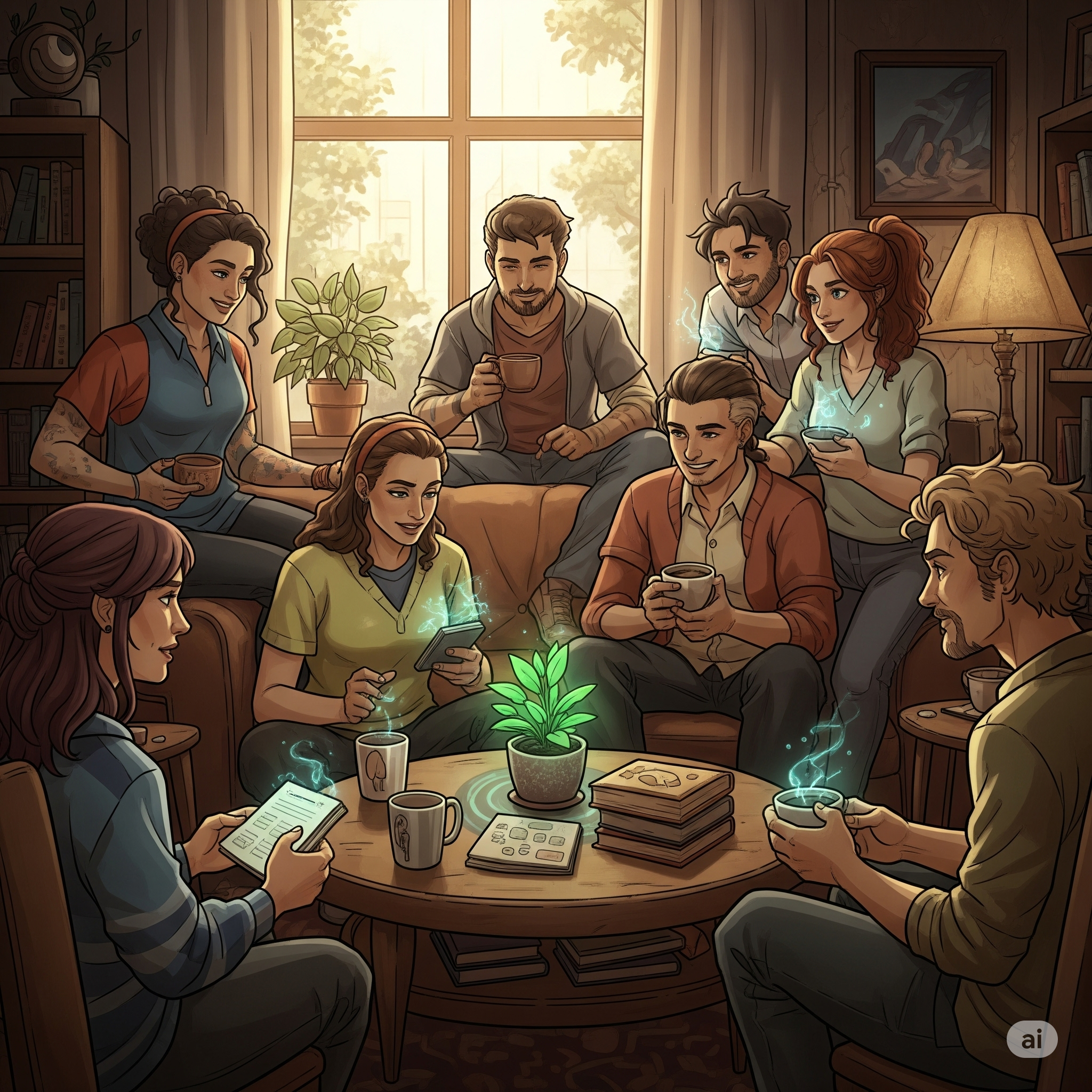 Cozy image of friends talking and drinking warm mugs.